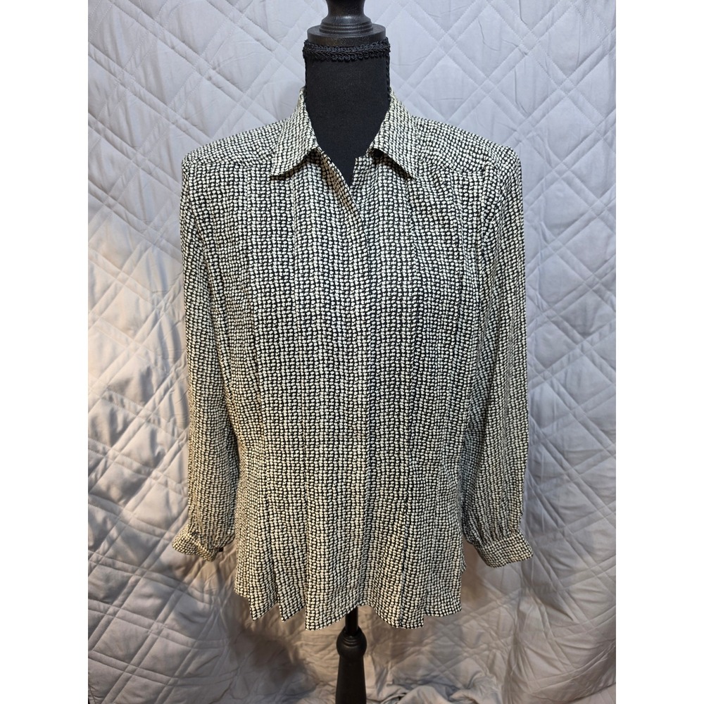 Vintage Tess Paris-Milano Black White Geometric Button Down Blouse Shoulder Pads
